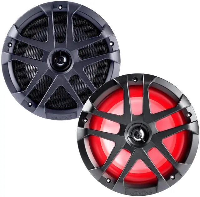 Main image of MXA80L 8 in LED Marine Coaxial Speakers 1-Pair Bundle | Pair of 8 in LED marine coaxial speakers with metal gray grilles, 2 units in OEM bulk pack