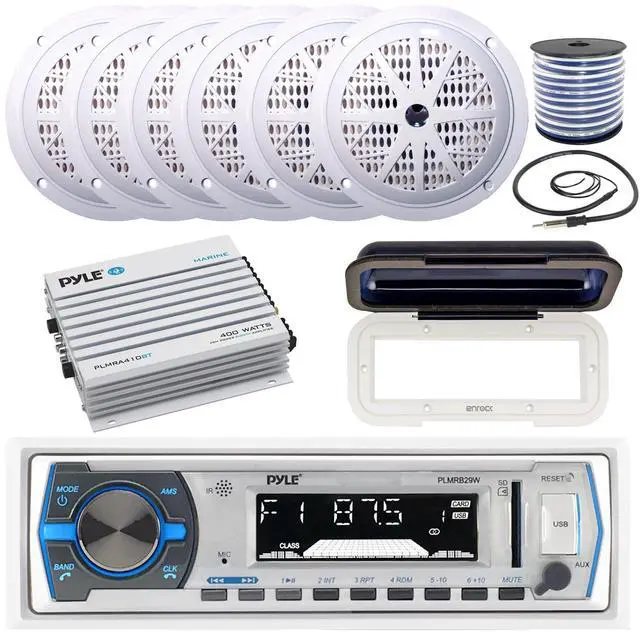 Main image of Pyle in-Dash Marine Boat AM/FM USB AUX Radio Headunit Receiver Bundle Combo with 6X 5.25'' 100W 2-Way White Audio Speakers, 4-Channel Bluetooth Amplifier, Radio Shield, Speaker Wire, Antenna