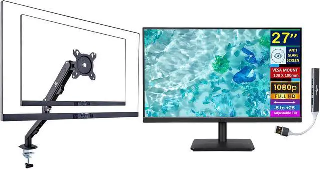 Main image of 27" FHD IPS Monitor with 4ms Response Time | Anti Glare, VESA Mount (100mm), VGA, HDMI, Black Color with DKZ Hub & ErgoFlexy Single Monitor Mount