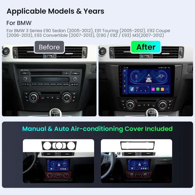 Alt view image 2 of 6 - Android 14 Car Stereo for BMW 3 Series E90 E91 E92 E93 M3, 9 Inch Touch Screen Car Radio GPS Navigation Bluetooth Built-in DSP Head Unit Wireless CarPlay Android Auto (4+64GB)