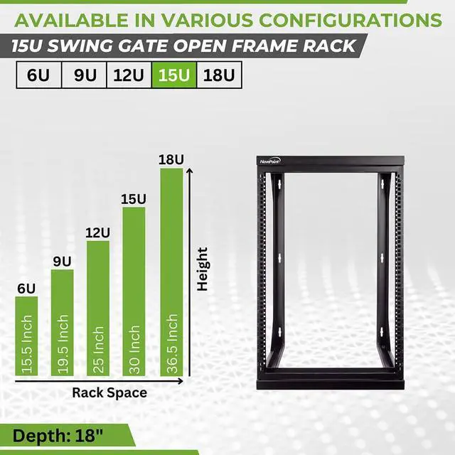 Alt view image 3 of 6 - 15U Open Frame Server Rack for 19" IT Network Equipment & A/V Devices, Free Standing or Wall Mount Rack with 180 Degrees Gate Swing, Black
