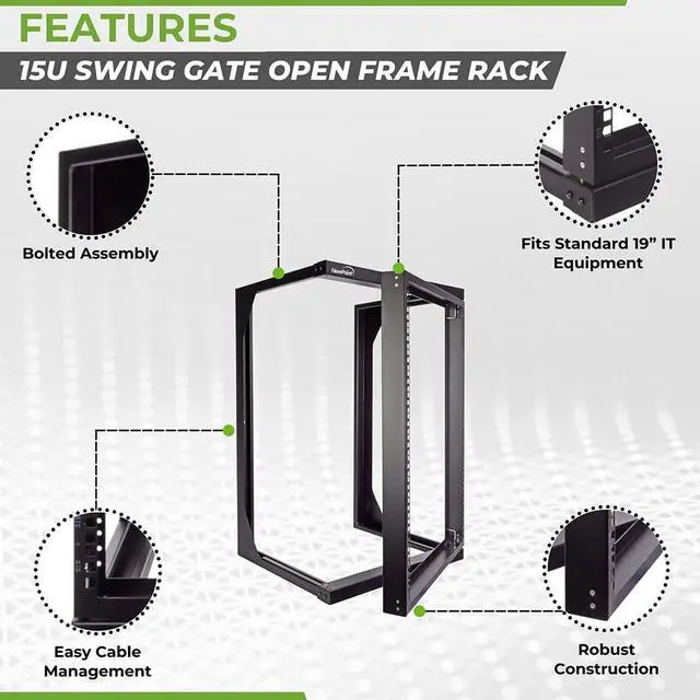 Alt view image 2 of 6 - 15U Open Frame Server Rack for 19" IT Network Equipment & A/V Devices, Free Standing or Wall Mount Rack with 180 Degrees Gate Swing, Black