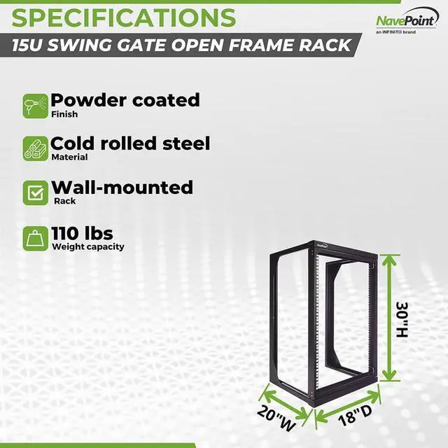 Alt view image 4 of 6 - 15U Open Frame Server Rack for 19" IT Network Equipment & A/V Devices, Free Standing or Wall Mount Rack with 180 Degrees Gate Swing, Black