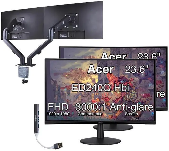 Main image of Nitro ED240Q FreeSync FHD 1500R Curve Monitor ZeroFrame Design with 1ms Response Time, VESA Mount (100mm), VGA, HDMI & Dockztorm Hub, Black (UM.UE0AA.H01) & ErgoFlexy Dual Monitor Mount (2Pack)