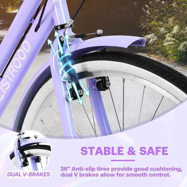 Alt view image 2 of 6 - 26" Women's Cruiser Bike, 7-Speed City Bike Duable Bar Featuring Convenient Basket & Rack, Perfect Adult Bicycle for Commuting, Leisure, and Stylish Comfortable Rides, Purple