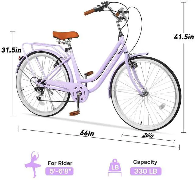 Alt view image 4 of 6 - 26" Women's Cruiser Bike, 7-Speed City Bike Duable Bar Featuring Convenient Basket & Rack, Perfect Adult Bicycle for Commuting, Leisure, and Stylish Comfortable Rides, Purple