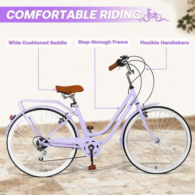 Alt view image 3 of 6 - 26" Women's Cruiser Bike, 7-Speed City Bike Duable Bar Featuring Convenient Basket & Rack, Perfect Adult Bicycle for Commuting, Leisure, and Stylish Comfortable Rides, Purple