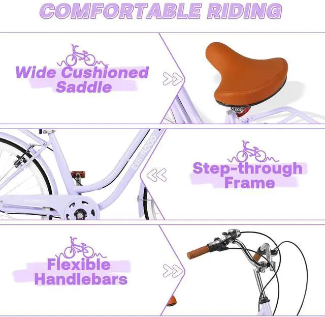 Alt view image 6 of 6 - 26" Women's Cruiser Bike, 7-Speed City Bike Duable Bar Featuring Convenient Basket & Rack, Perfect Adult Bicycle for Commuting, Leisure, and Stylish Comfortable Rides, Purple