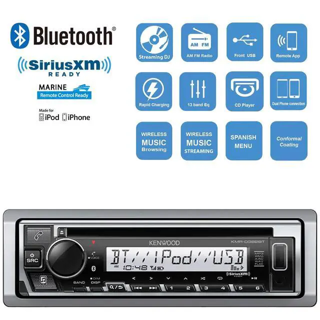 Alt view image 6 of 6 - JVC KD-T92MBS Single DIN Marine Bluetooth USB AUX AM/FM Stereo CD Player Receiver, Marine Dash Kit Protector Radio Cover, Amplifier Booster Kit