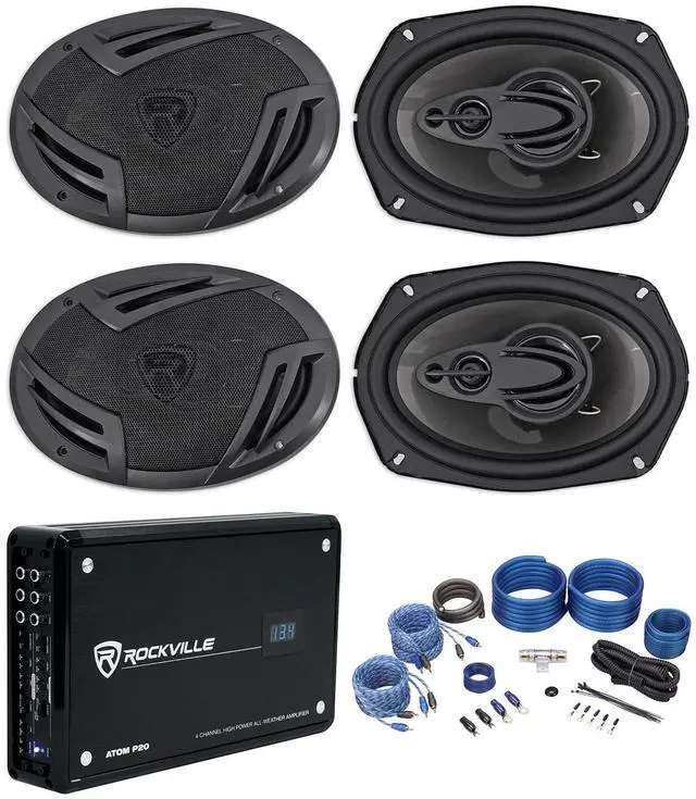 Main image of RV69.4A 6x9 4-Way Car Speaker 2-Pair with Atom P20 Amp | 1000W Peak / 220W RMS Per Pair, 4 Ohm, 1600W Peak / 440W RMS Amp, Volt Meter, RWK42 Kit, 2 RCA Cables, 6-items