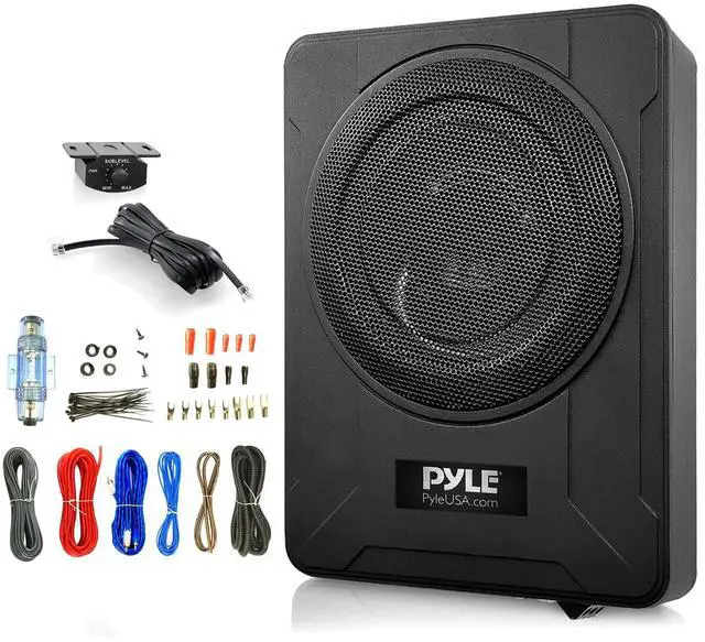 Main image of PLBX8A 8 600 Watt Peak Power Low-Profile Compact Enclosed Low & High Level Inputs Active Amplified Under Seat Car Subwoofer System Bundle Combo with 8 Gauge Wiring Installation Kit