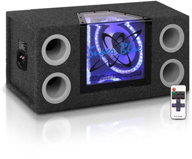 Main image of 1000W Dual Bandpass Speaker System - Car Audio Subwoofer w/ Neon Accent Lighting, Plexi-Glass Front Window, 4 Tuned Ports, Silver Polypropylene Cone & Rubber Edge Suspension - BNPS102