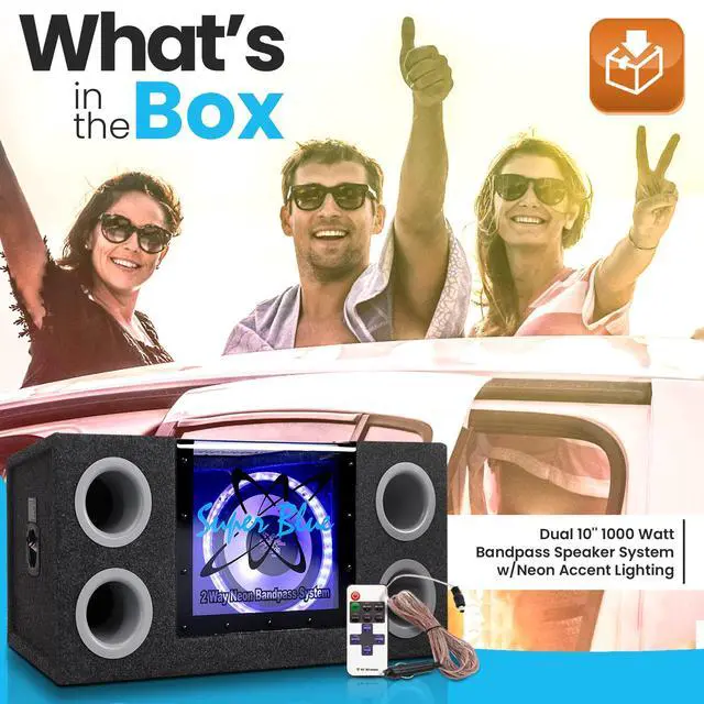 Alt view image 2 of 7 - 1000W Dual Bandpass Speaker System - Car Audio Subwoofer w/ Neon Accent Lighting, Plexi-Glass Front Window, 4 Tuned Ports, Silver Polypropylene Cone & Rubber Edge Suspension - BNPS102