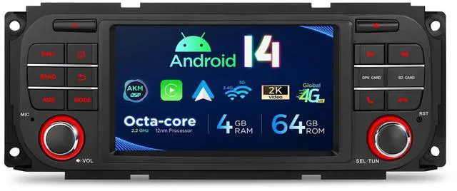 Main image of Android 14 Car Stereo for Jeep Wrangler (2003-2006) Dodge Chrysler, 5 Inch IPS Touch Screen Head Unit GPS Navigation Bluetooth Built-in DSP Support CarPlay Android Auto 4G LTE (4+64G)