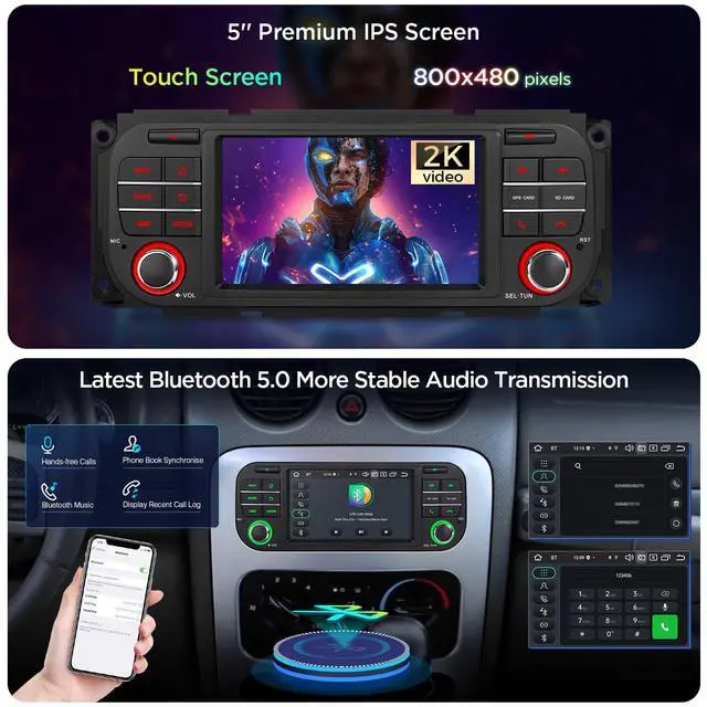 Alt view image 4 of 7 - Android 14 Car Stereo for Jeep Wrangler (2003-2006) Dodge Chrysler, 5 Inch IPS Touch Screen Head Unit GPS Navigation Bluetooth Built-in DSP Support CarPlay Android Auto 4G LTE (4+64G)