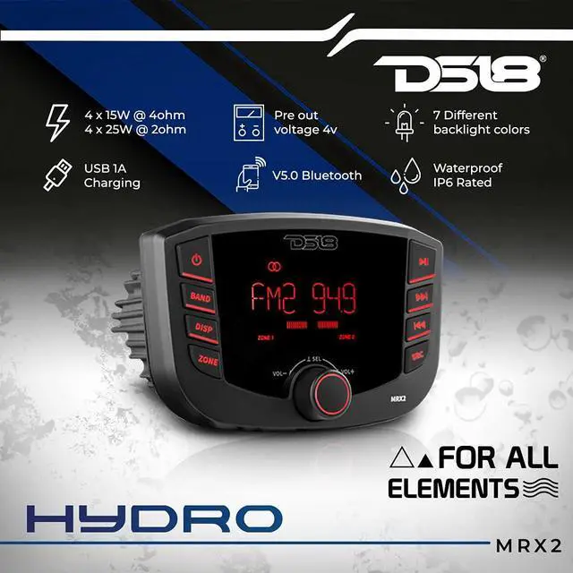 Alt view image 2 of 6 - Hydro MRX2 Marine and Powersports Headunit Media Center Receiver LCD Screen with AM/FM Radio, USB and Bluetooth, 2 Zones, 4 Volts Output, BT, RDS 4X40 Watts