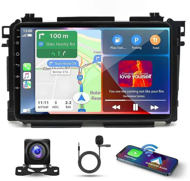 Main image of Double Din Car Stereo for Honda Vezel XRV HR-V 2014-2019 w/Carplay & Android Auto, 9 Inch Touch Screen 2+32G Android 13 Car Radio Receiver GPS Navigation Bluetooth AHD FM SWC Backup Camera Mic