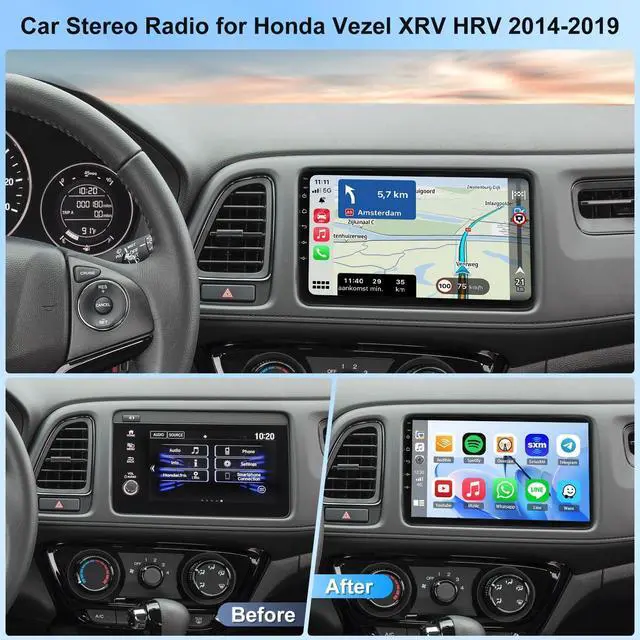 Alt view image 2 of 7 - Double Din Car Stereo for Honda Vezel XRV HR-V 2014-2019 w/Carplay & Android Auto, 9 Inch Touch Screen 2+32G Android 13 Car Radio Receiver GPS Navigation Bluetooth AHD FM SWC Backup Camera Mic