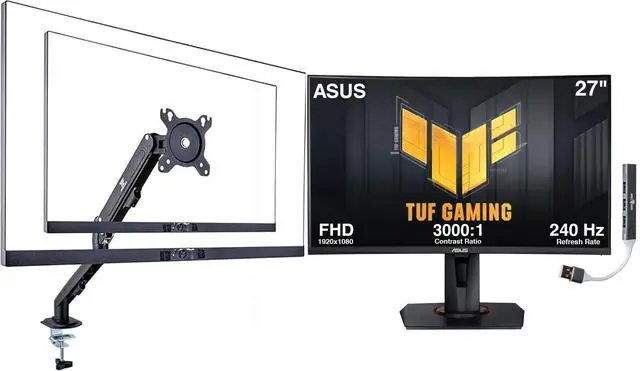 Main image of ASUS TUF 27" FHD VA Gaming Monitor with 1ms Response Time, Adaptive-sync, AMD FreeSync Premium, 240Hz, VESA Mount (100mm), HDMI, Displayport & Black (VG27VQMY) w/DKZ Hub & ErgoFlexy Single Mount Arm