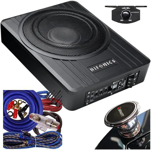 Main image of Brutus BW-110A - 800 Watts Compact Amplified Under The Seat Car Truck Subwoofer Low Profile with Bass Remote and 4 Gauge Blue Kit and Gravity Magnet Phone Holder Bundle, Black