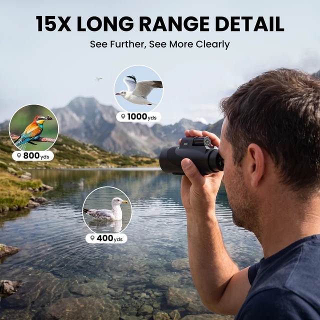 Alt view image 2 of 7 - 15x52 High Powered Monocular Telescope for Adults with Tripod BAK4 Prism, FMC Optics, IPX7 Waterproof, with Tripod and Phone Holder for Bird Watching, Wildlife Viewing, Travel, Sports