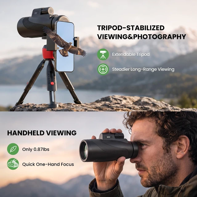 Alt view image 3 of 7 - 15x52 High Powered Monocular Telescope for Adults with Tripod BAK4 Prism, FMC Optics, IPX7 Waterproof, with Tripod and Phone Holder for Bird Watching, Wildlife Viewing, Travel, Sports