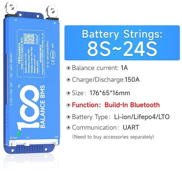Alt view image 2 of 7 - DALY Smart BMS 12V-24V 150A Built-in 1A Active Balancer Bluetooth App Monitoring. 4S-8S LiFePO4 Li-ion LTO Support. Designed for Energy Storage, RVs, Trolling Motors