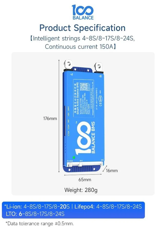 Alt view image 6 of 7 - DALY Smart BMS 12V-24V 150A Built-in 1A Active Balancer Bluetooth App Monitoring. 4S-8S LiFePO4 Li-ion LTO Support. Designed for Energy Storage, RVs, Trolling Motors