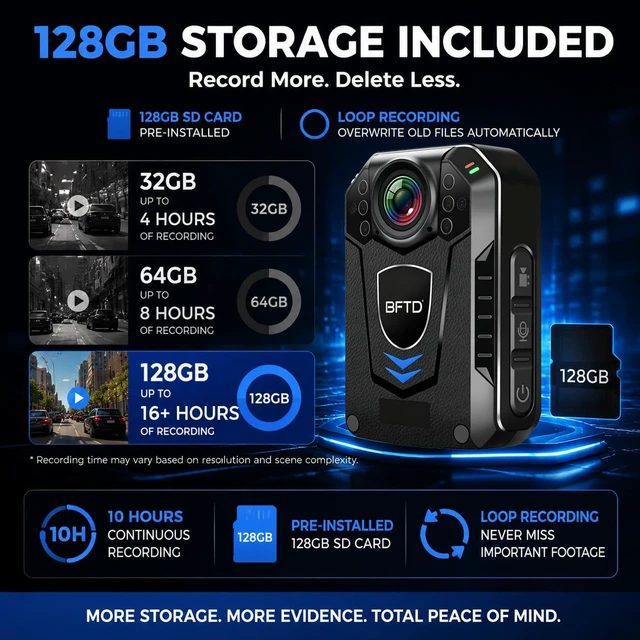Alt view image 4 of 7 - 128GB 2K Body Camera with Audio and Video Recording 10H Recording, Night Vision, IP67 Waterproof, 140° Wide Angle, for Law Enforcement, Security & Outdoor Work
