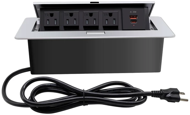 Main image of Pop up Outlet; Power Strip; Embedded countertop Outlet; 4 Power Outlets with USB-C PD 20W Fast Charging 16AWG Power Cord; Suitable for Office, Conference, Home, Book Rooms -Silver