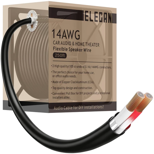 Main image of 14 Gauge 2 Conductor Speaker Wire 250 Ft Easy-Pull Box, 14 AWG CCA CL2 Low Voltage Parallel DC Hookup Alarm Cable, Outdoor UV Resistant in-Wall for LED Security Systems Home Theater Car Audio-Black
