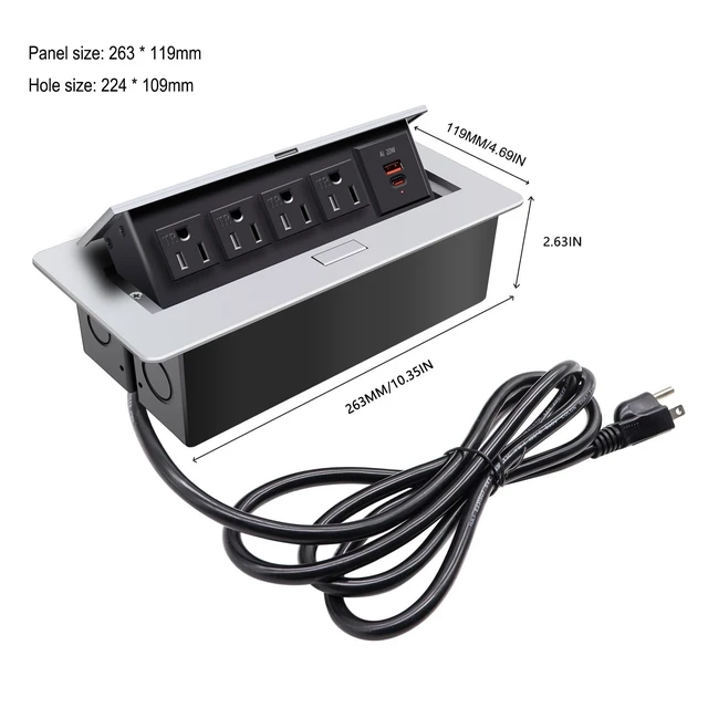 Alt view image 4 of 7 - Pop up Outlet; Power Strip; Embedded countertop Outlet; 4 Power Outlets with USB-C PD 20W Fast Charging 16AWG Power Cord; Suitable for Office, Conference, Home, Book Rooms -Silver