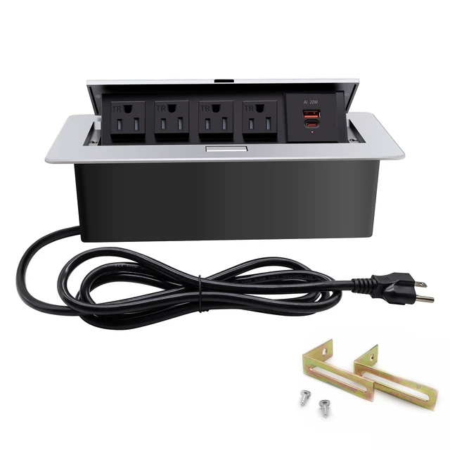 Alt view image 6 of 7 - Pop up Outlet; Power Strip; Embedded countertop Outlet; 4 Power Outlets with USB-C PD 20W Fast Charging 16AWG Power Cord; Suitable for Office, Conference, Home, Book Rooms -Silver