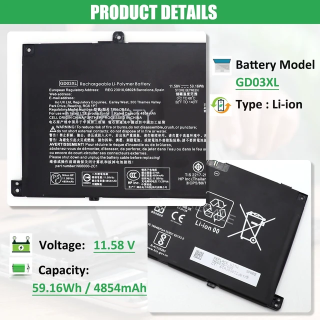 Alt view image 2 of 7 - GD03XL N66215-005 Battery Replacement for HP Envy x360 14 2-in-1 For 14-fa0000 EliteBook Ultra G1q OmniBook X 14 Series Notebook, GD03059XL N66000-1E1 N66000-AC1, 11.58V 59.16Wh 4854mAh