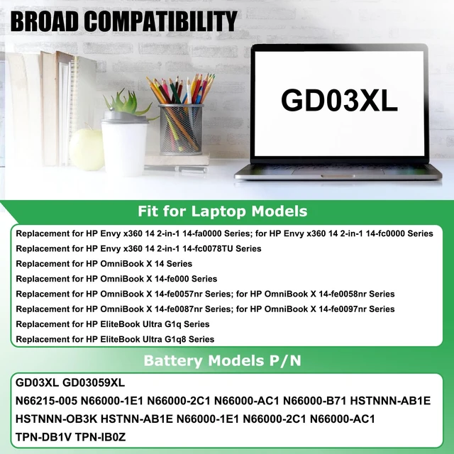 Alt view image 3 of 7 - GD03XL N66215-005 Battery Replacement for HP Envy x360 14 2-in-1 For 14-fa0000 EliteBook Ultra G1q OmniBook X 14 Series Notebook, GD03059XL N66000-1E1 N66000-AC1, 11.58V 59.16Wh 4854mAh