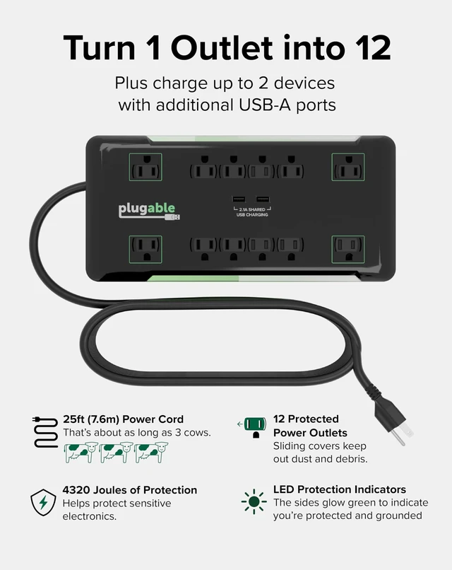 Alt view image 2 of 7 - Surge Protector Power Strip with USB and 12 AC Outlets Built-in 10.5W 2-Port USB Charger for Android, Apple iOS, and Windows Mobile Devices, 25 Foot Extension Cable