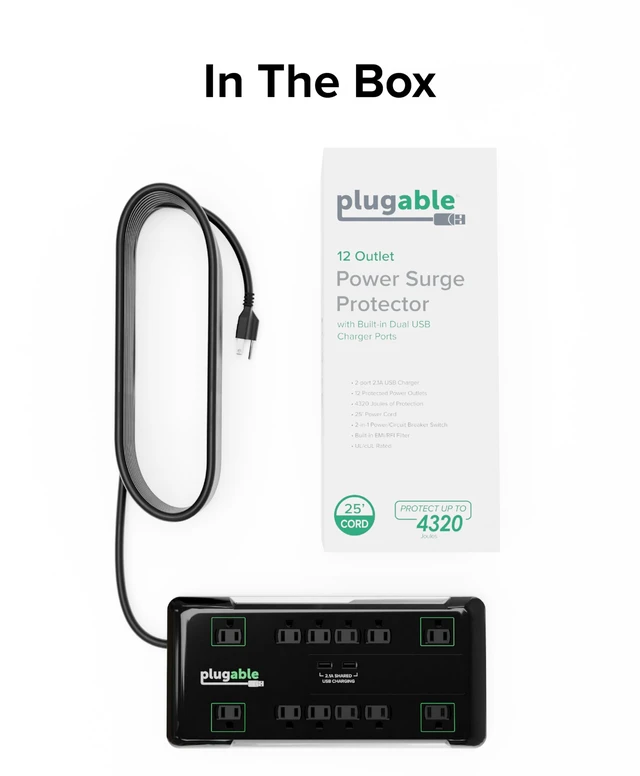 Alt view image 6 of 7 - Surge Protector Power Strip with USB and 12 AC Outlets Built-in 10.5W 2-Port USB Charger for Android, Apple iOS, and Windows Mobile Devices, 25 Foot Extension Cable