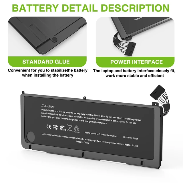 Alt view image 3 of 6 - A1383 Battery A1297 Laptop Battery Replacement for MacBook Pro 17 inch A1297 (Early 2011-Late 2011) Series EMC 2352-1 EMC 2564 MD311*/A MD311LL/A MC725*/A MC725LL/A 020-7149-A 020-7149-A10 10.95V 95Wh