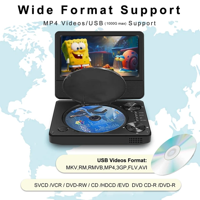 Alt view image 3 of 7 - 9.5" Portable DVD Player with Bluetooth, Support 1080P Video, MP4 Formats, 7.5" Swivel HD Screen, 5 Hours Work Time, Car DVD Player for Kids and Car, Sync TV, Support TF Card/USB 1000G, Regions Free