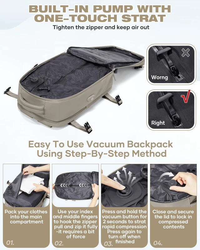Alt view image 3 of 7 - Vacuum Seal Travel Backpack Built-in Pump,Air Compression System Vacuum Vacpack Travel Bag for Women Men Carry On Suitcase Luggage Laptop Airlines Approved Daypack Space Saver Bags Grey Brown