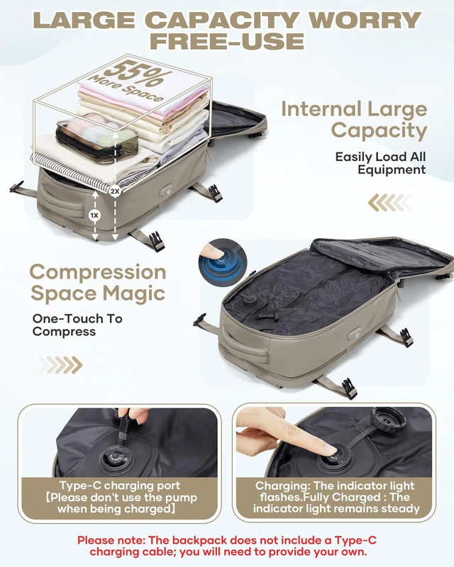 Alt view image 4 of 7 - Vacuum Seal Travel Backpack Built-in Pump,Air Compression System Vacuum Vacpack Travel Bag for Women Men Carry On Suitcase Luggage Laptop Airlines Approved Daypack Space Saver Bags Grey Brown