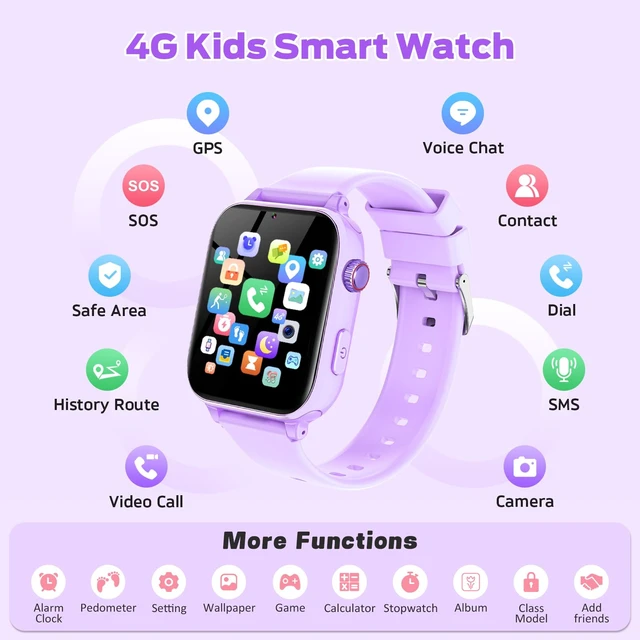 Alt view image 2 of 7 - 4G Kids Smart Watch with GPS Tracker, Video Call & Texting, Smart Watch for Kids with SIM Card, SOS, School Mode, HD Camera, Pedometer, Kid Watch Gift for Boys Girls Age 4-12, Purple