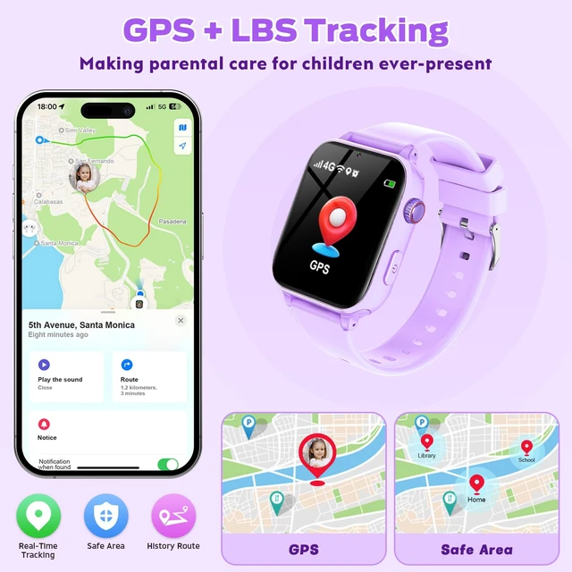 Alt view image 3 of 7 - 4G Kids Smart Watch with GPS Tracker, Video Call & Texting, Smart Watch for Kids with SIM Card, SOS, School Mode, HD Camera, Pedometer, Kid Watch Gift for Boys Girls Age 4-12, Purple
