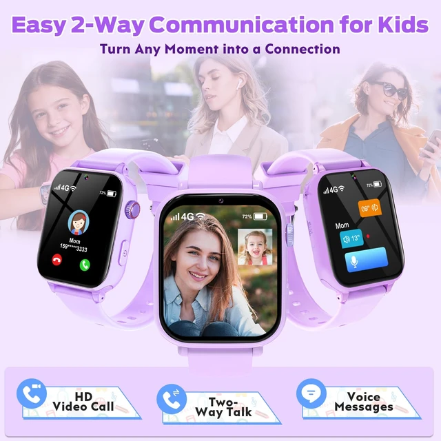 Alt view image 4 of 7 - 4G Kids Smart Watch with GPS Tracker, Video Call & Texting, Smart Watch for Kids with SIM Card, SOS, School Mode, HD Camera, Pedometer, Kid Watch Gift for Boys Girls Age 4-12, Purple