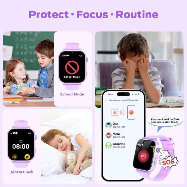 Alt view image 5 of 7 - 4G Kids Smart Watch with GPS Tracker, Video Call & Texting, Smart Watch for Kids with SIM Card, SOS, School Mode, HD Camera, Pedometer, Kid Watch Gift for Boys Girls Age 4-12, Purple