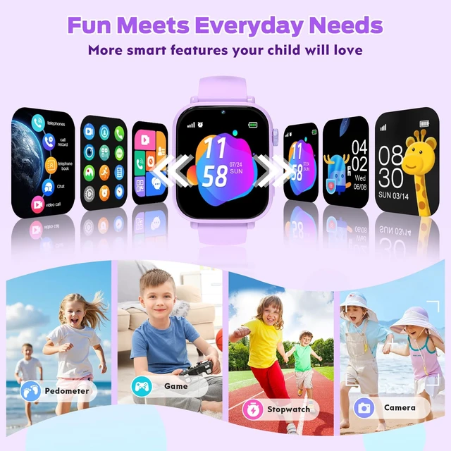 Alt view image 6 of 7 - 4G Kids Smart Watch with GPS Tracker, Video Call & Texting, Smart Watch for Kids with SIM Card, SOS, School Mode, HD Camera, Pedometer, Kid Watch Gift for Boys Girls Age 4-12, Purple