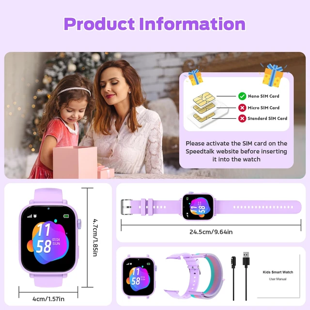 Alt view image 7 of 7 - 4G Kids Smart Watch with GPS Tracker, Video Call & Texting, Smart Watch for Kids with SIM Card, SOS, School Mode, HD Camera, Pedometer, Kid Watch Gift for Boys Girls Age 4-12, Purple