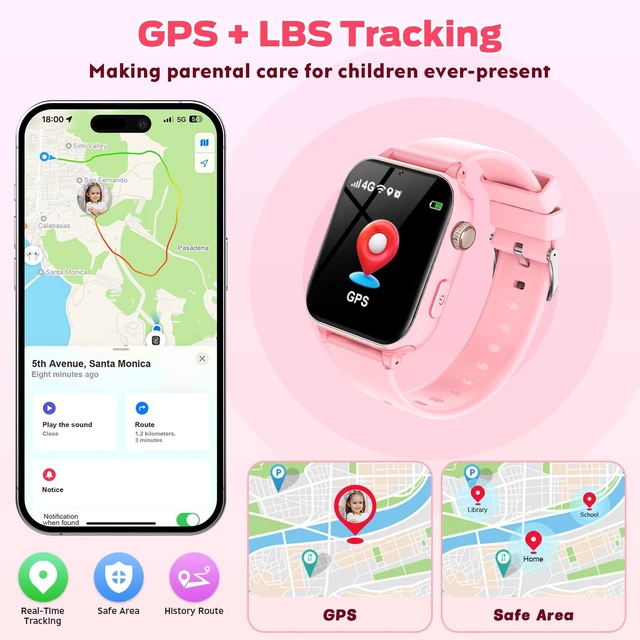 Alt view image 3 of 7 - 4G Kids Smart Watch with GPS Tracker, Video Call & Texting, Smart Watch for Kids with SIM Card, SOS, School Mode, HD Camera, Pedometer, Kid Watch Gift for Boys Girls Age 4-12, Pink