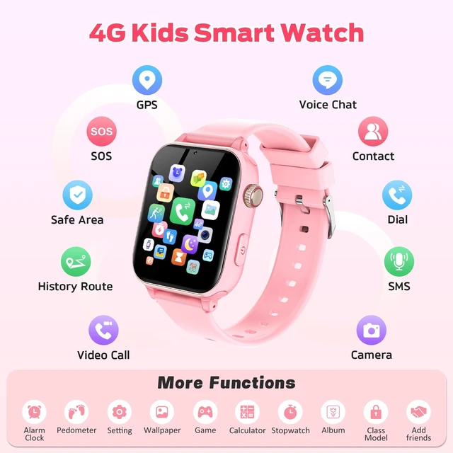 Alt view image 2 of 7 - 4G Kids Smart Watch with GPS Tracker, Video Call & Texting, Smart Watch for Kids with SIM Card, SOS, School Mode, HD Camera, Pedometer, Kid Watch Gift for Boys Girls Age 4-12, Pink