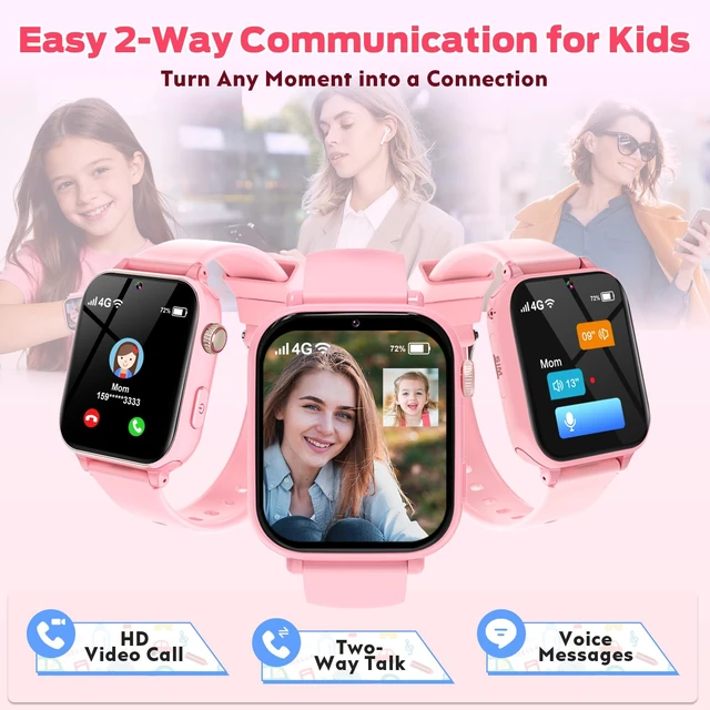 Alt view image 4 of 7 - 4G Kids Smart Watch with GPS Tracker, Video Call & Texting, Smart Watch for Kids with SIM Card, SOS, School Mode, HD Camera, Pedometer, Kid Watch Gift for Boys Girls Age 4-12, Pink